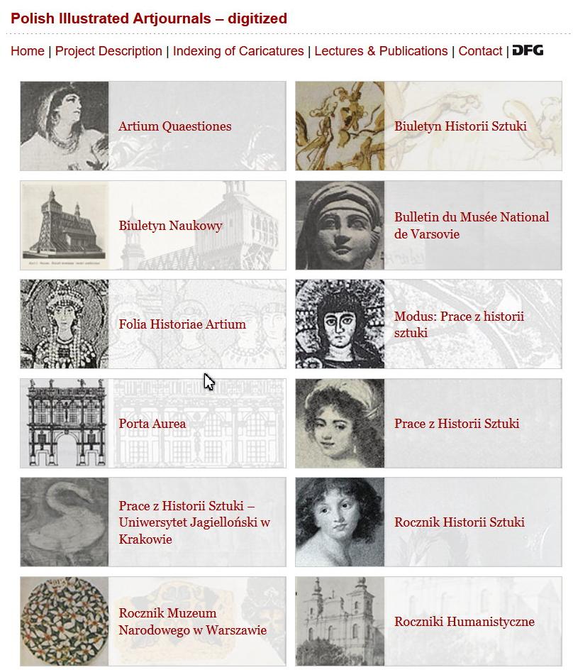 Zrzut ekranu ze strony repozytorium ART-Dok z tytułami zdigitalizowanych polskich czasopism